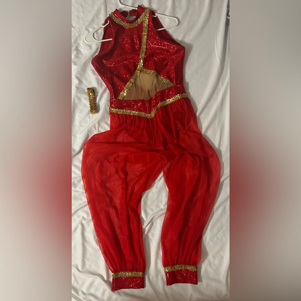 Red gold, sequin dance costume, with built-in leotard, mesh backless